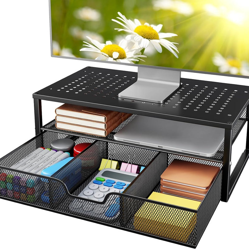 Black Steel Monitor Riser with Drawer