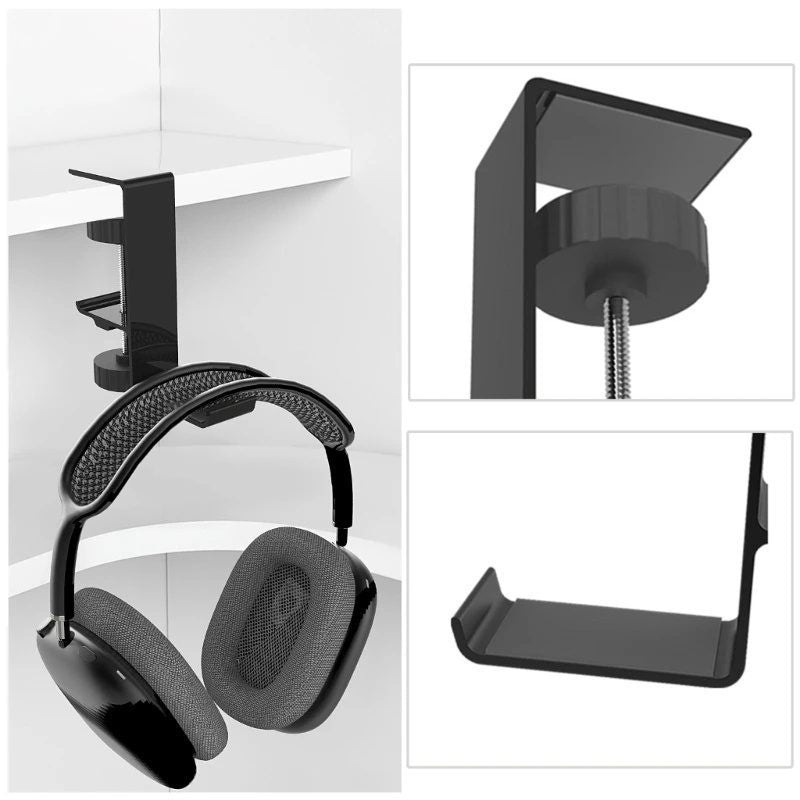 Black Steel Under Desk Headphone Hook