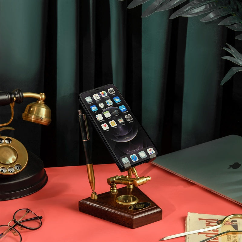 Solid Brass Desk Tidy with Phone Stand