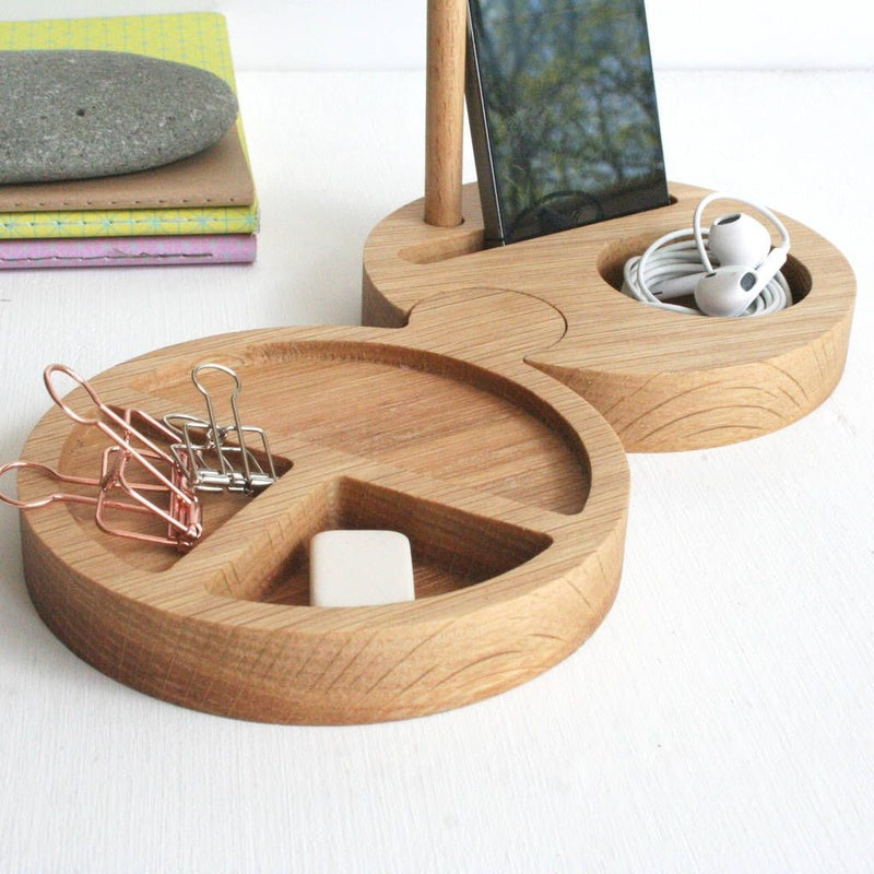Solid Oak Two Compartment Desk Tidy