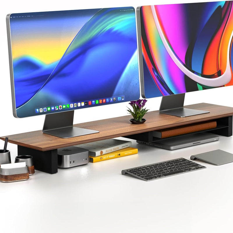 Solid Walnut Wide Monitor Riser for Two Screens
