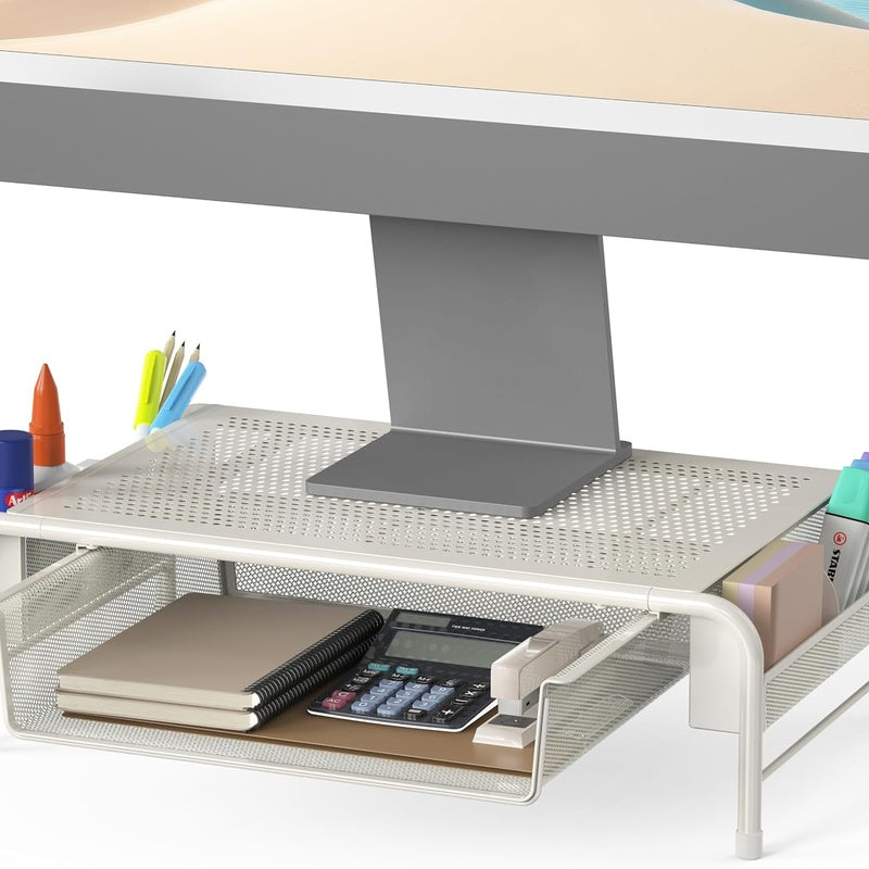 Warm White Steel Monitor Riser with Drawer
